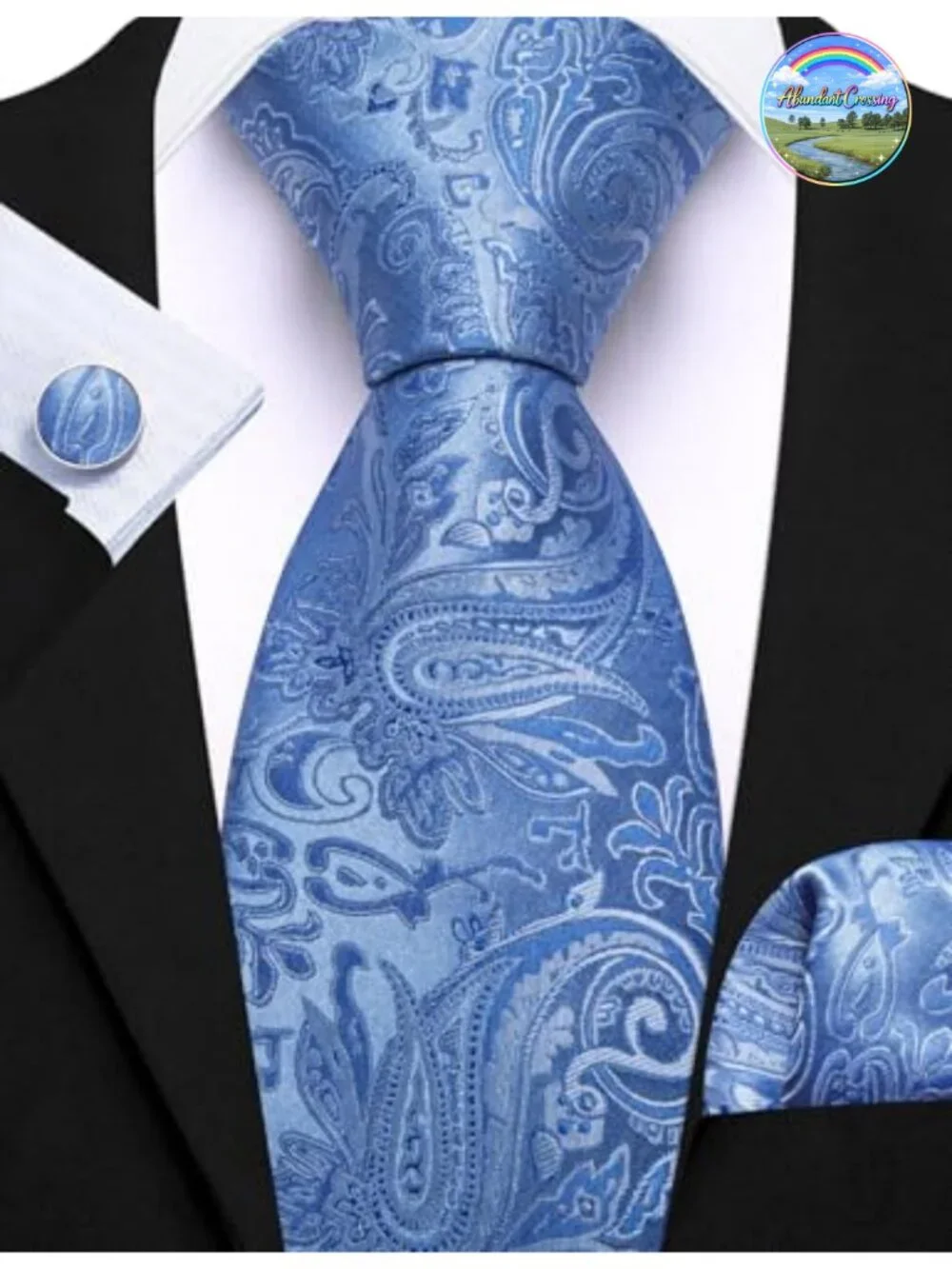 Silk Textured Woven Tie Set with Hanky & Cufflinks - 6 Piece Business Wedding